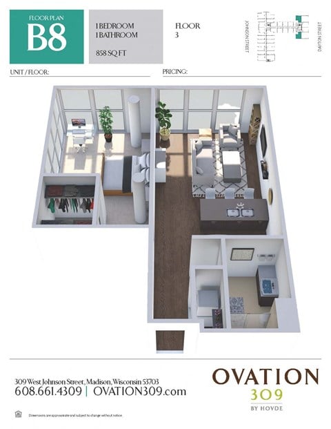 Floor plan for 1 bed, 1 bath, 858 sqft
